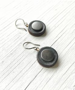 Black leather drop earrings with gunmetal accents