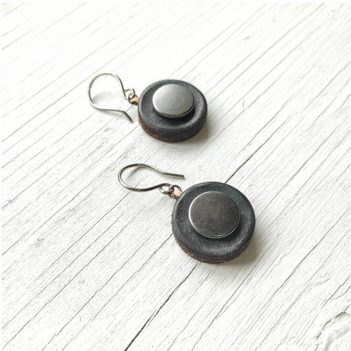 Black leather drop earrings with gunmetal accents