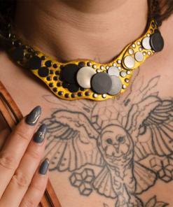 Yellow leather statement necklace.