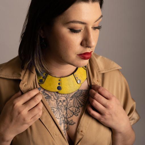 Yellow leather collar necklace.