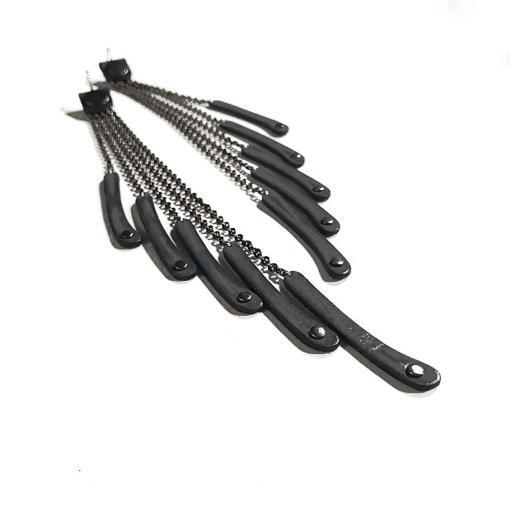 Extra long black leather tassel earrings.