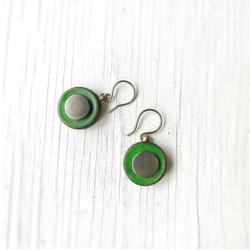 Small green leather dangle earrings.