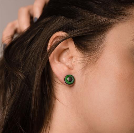 Green leather stud earrings.