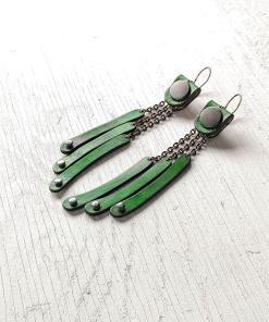 Green leather and chain tassel earrings.