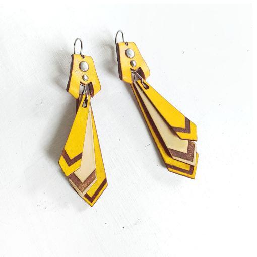 Yellow leather dangle earrings.